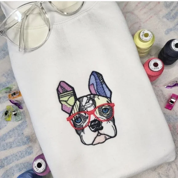 Gildan White Crewneck French Bulldog with Red Glasses Embroidery - Picture 1 of 1
